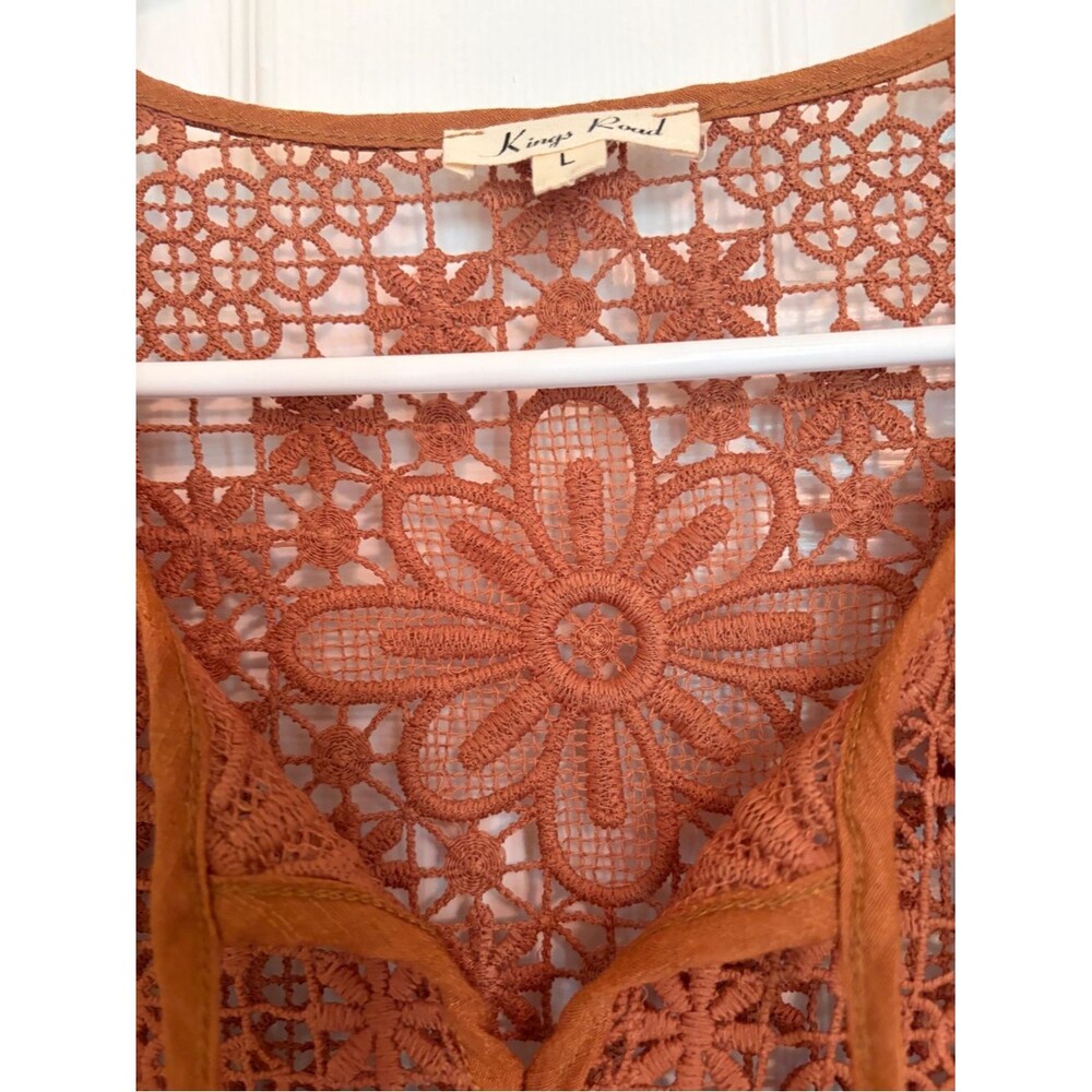 Kings Road Rust Boho Lace Yoke Long Sleeve Peasant Dress Tunic - Size L - Picture 6 of 8